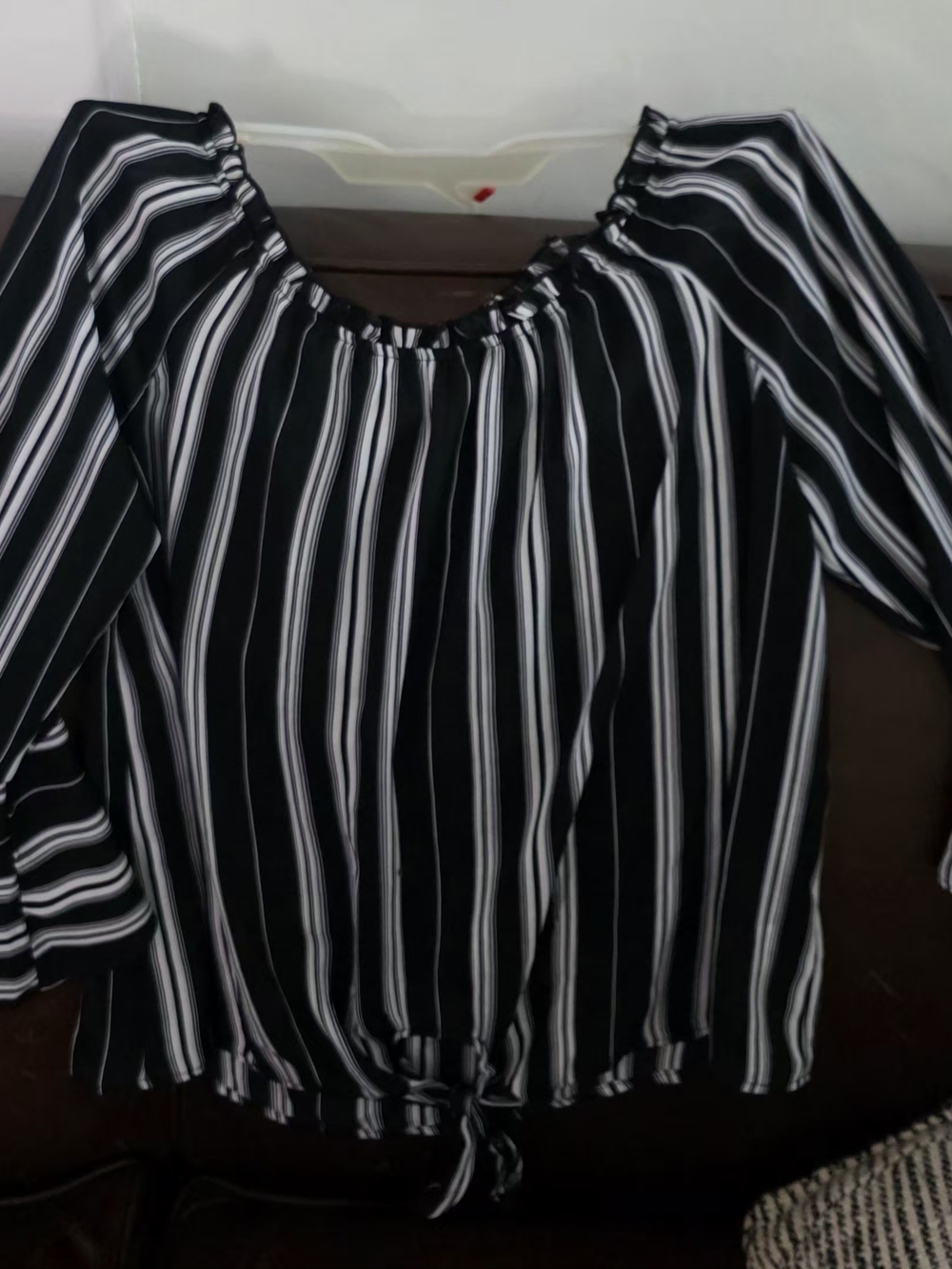 Black & White Striped Off-Shoulder Tie-Hem Women’s Top